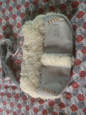 Emu Light Gray Suede Crossbody with Tan Shearling Lacing